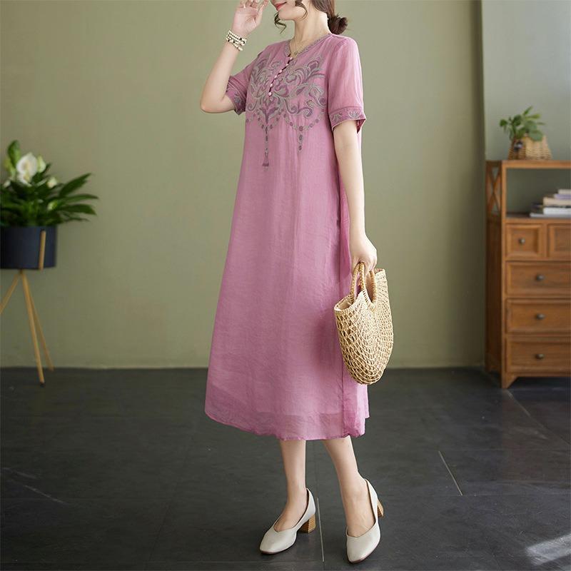 Simple and Casual Summer New Cotton and Linen Literary and Ethnic Style Embroidery Loose Short-sleeved Dress Women
