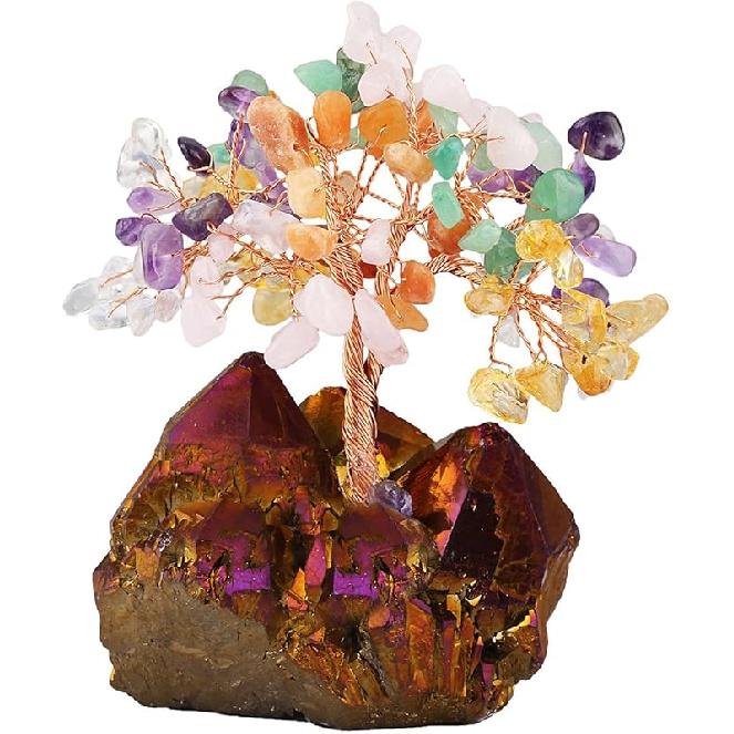 mookaitedecor Amethyst Crystal Tree, Quartz Cluster Rainbow Titanium Crystals Base Bonsai Money Tree for Wealth and Luck