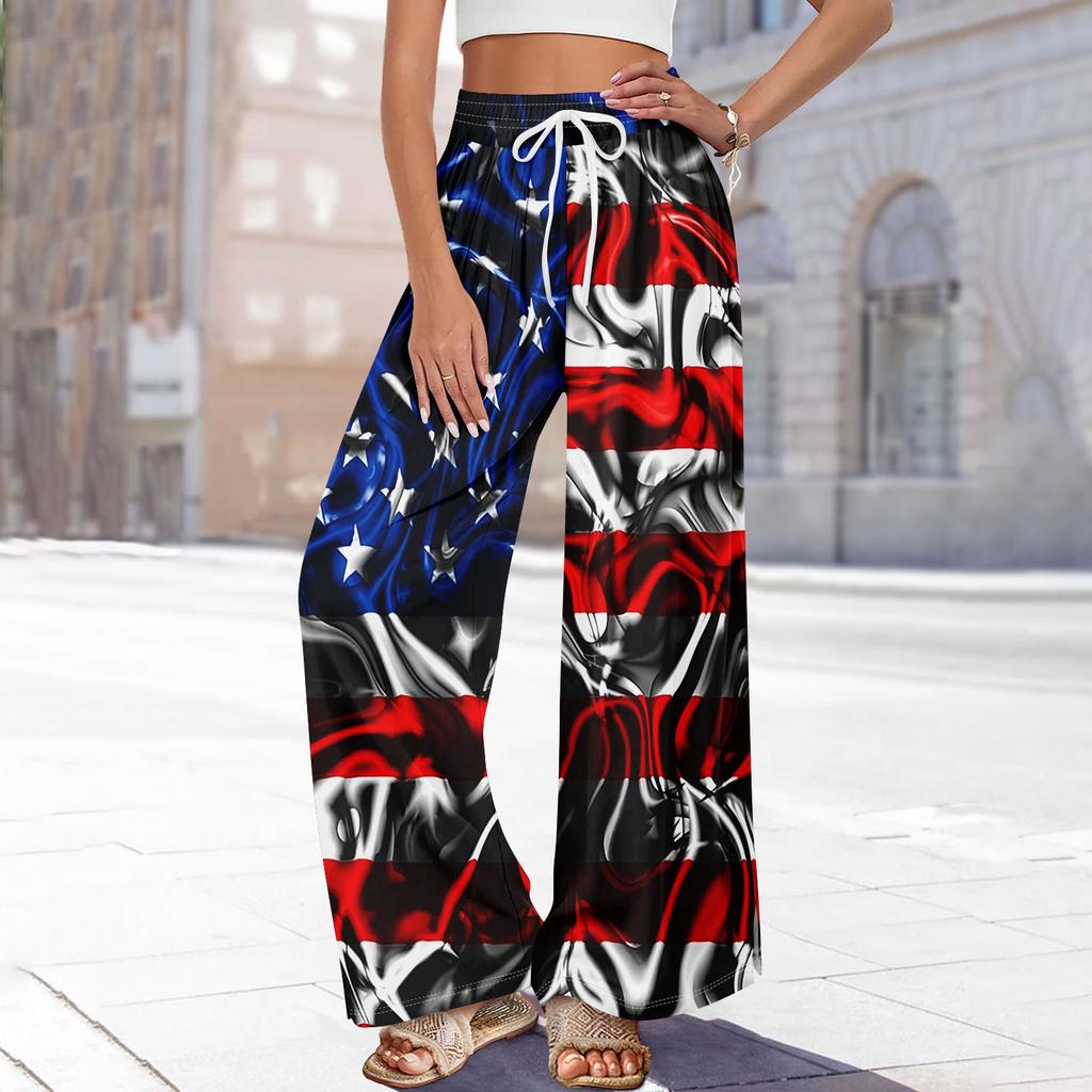 Women Summer Boho Palazzo Pants High Waist Wide Leg Independence Printing Casual Trousers With Pockets