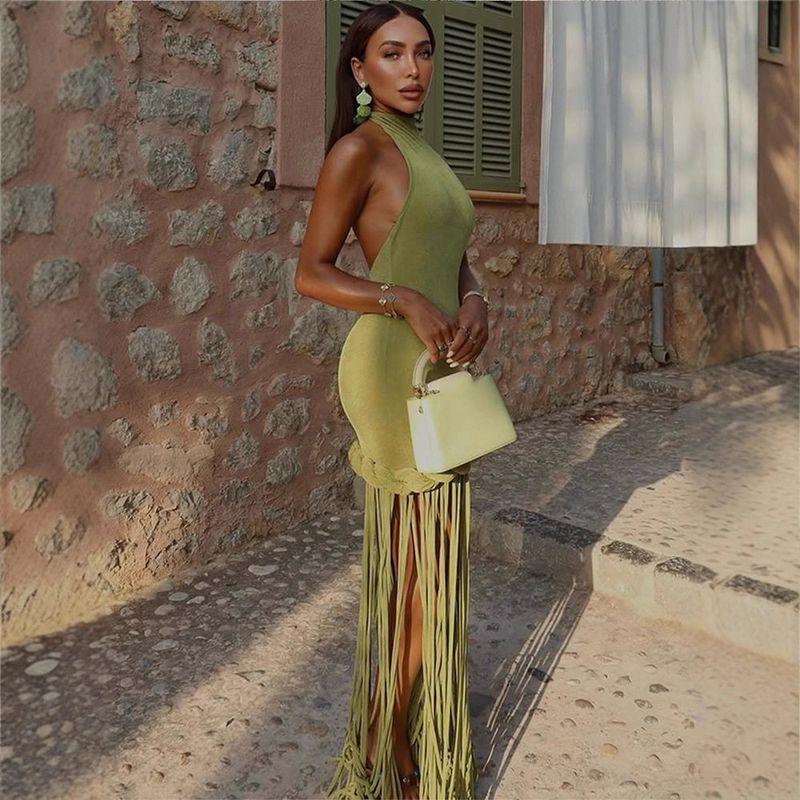 Niche Designer Dress with Tassel Hem and Halter Neck, Backless Dress, 2025 Autumn New Model, Cross-Border European and American Style