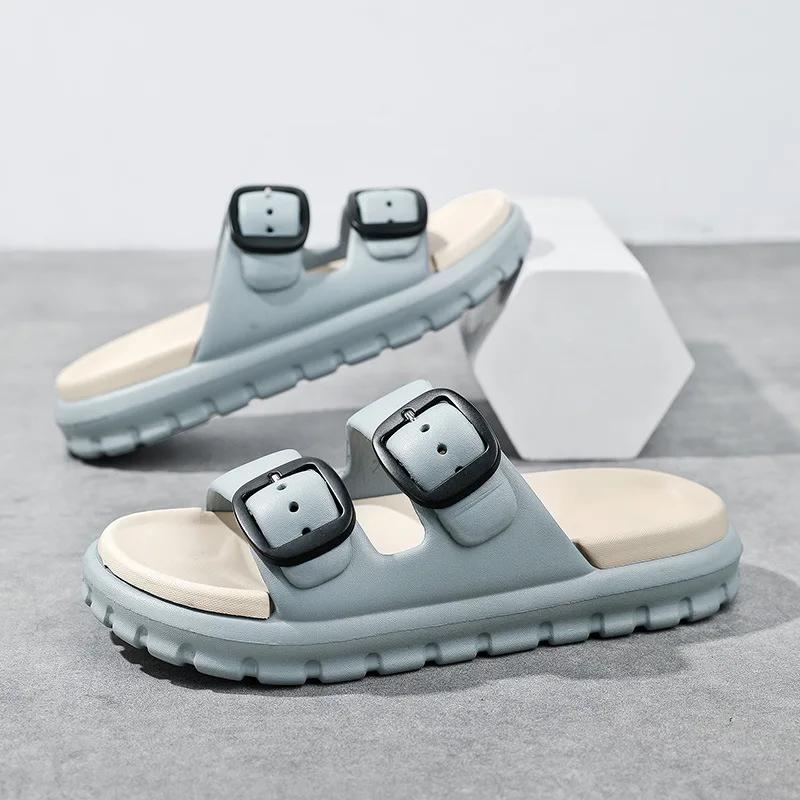 

Bebealy Новые EVA Плоские Сандалии Толстоподошвенные и Легкие Мужские Сандалии Противоскользящие и Прочные Домашние Тапочки с Двойной Пряжкой 40-41 синий