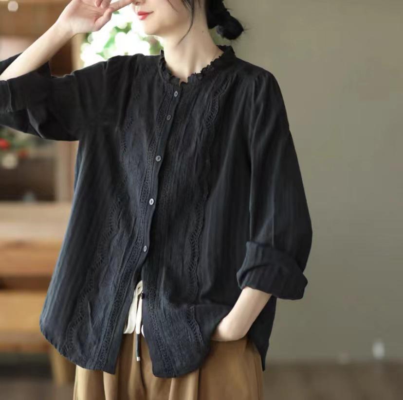 

Женская весенняя повседневная блузка из хлопка с кружевом и длинными рукавами Medium чёрный