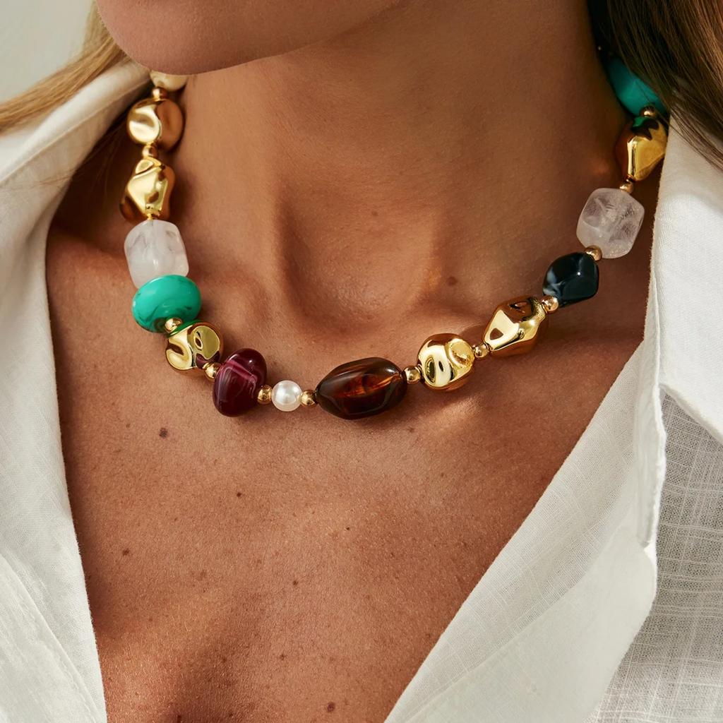 Colorful Beaded Necklace for Women, Multi-Color Irregular Resin Beads Choker, Bohemian Statement Jewelry
