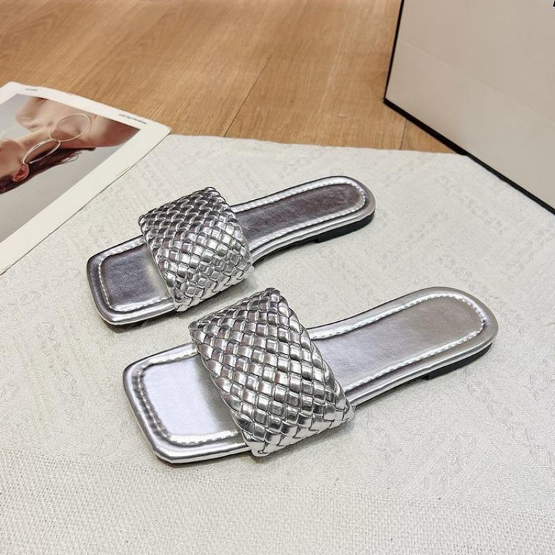 

Fashion Women s on Sale Slippers 2025 Summer New Casual Basic Outdoor Sandals Square Toe Flat Open Toe Shoes Slides Zapatos De Mujer 36 серебряный