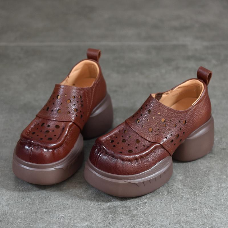 Johnature Thick Soled Retro Hollow Sandals Versatile Genuine Leather High Heels Women's Platform Shoes