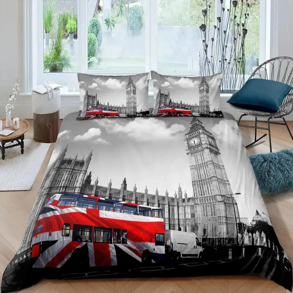 London Duvet Cover Full SizeTelephone Booth The Big Ben Bedding Set Comforter Cover Set Nostalgic Retro United Kingdom Bedding
