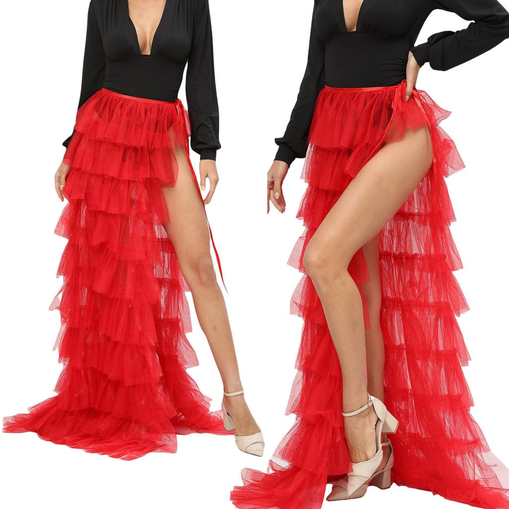 Women Tulle Tutu Long Skirt Multi-layer Ruffled Elastic Slit Mesh Cocktail Party Skirt for Beach Streetwear