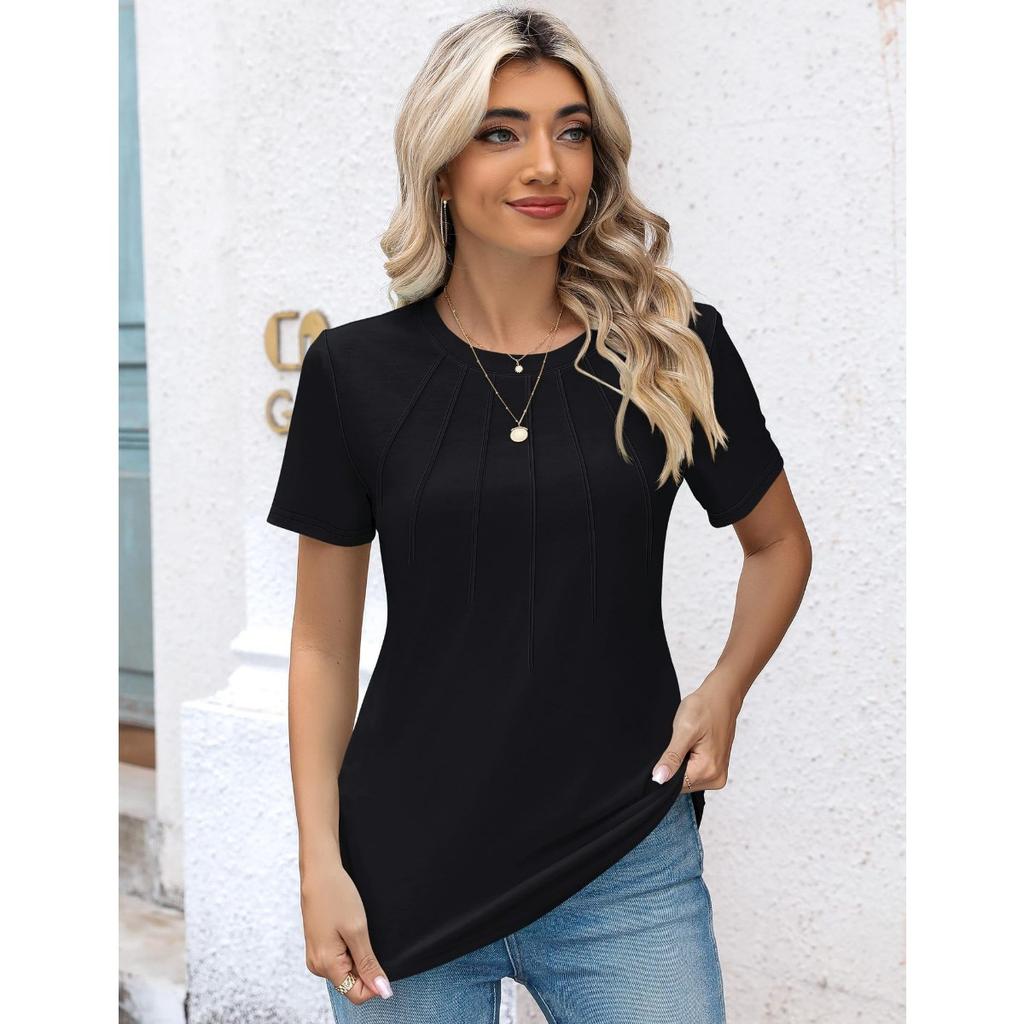 Damen gerafftes Rundhals-Kurzarm-T-Shirt Top, Beliebte lässige Mode-T-Shirts für Damen, Grenzüberschreitende Damenbekleidung für Europa und Amerika