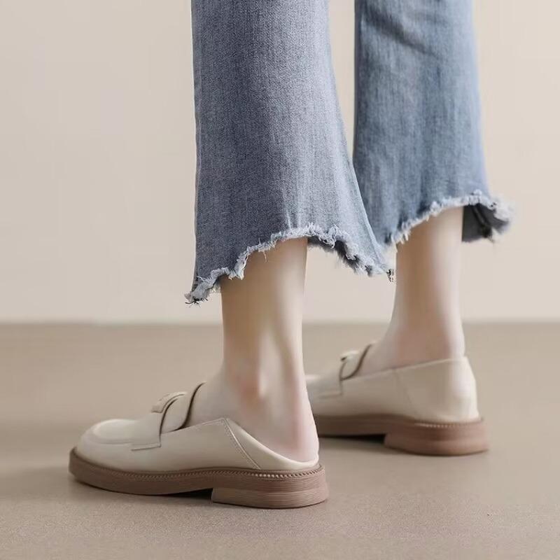 Women Flat Shoes Soft Sole Soft Surface Black Oversized Summer Round Toe Low Heel British Casual Leather