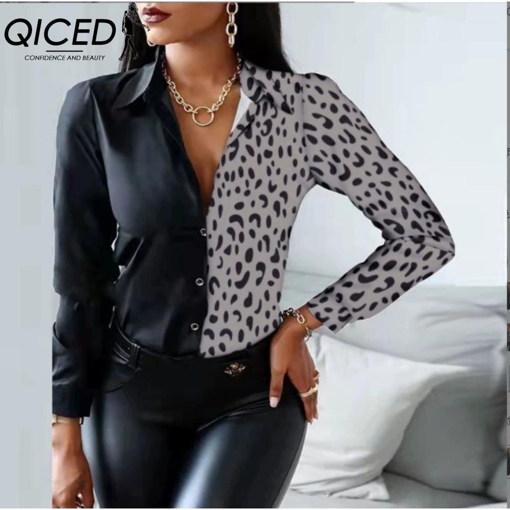 QICED Women's Fashion Casual Solid Color Print Long Sleeve POLO Neck Blouses & Shirts
