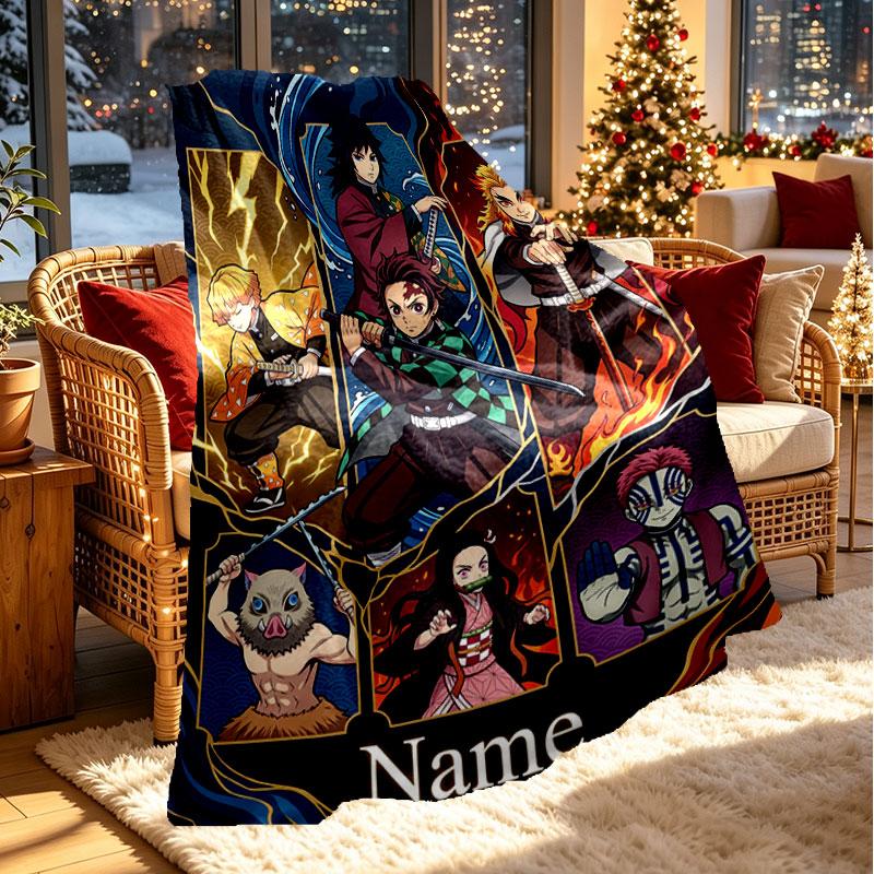 Couverture Personnalisée au Nom avec Impression Demon Slayer, Décoration d'Intérieur, Chambre à Coucher, Canapé, Camping, Canapé, Cadeaux pour Anniversaire Noël
