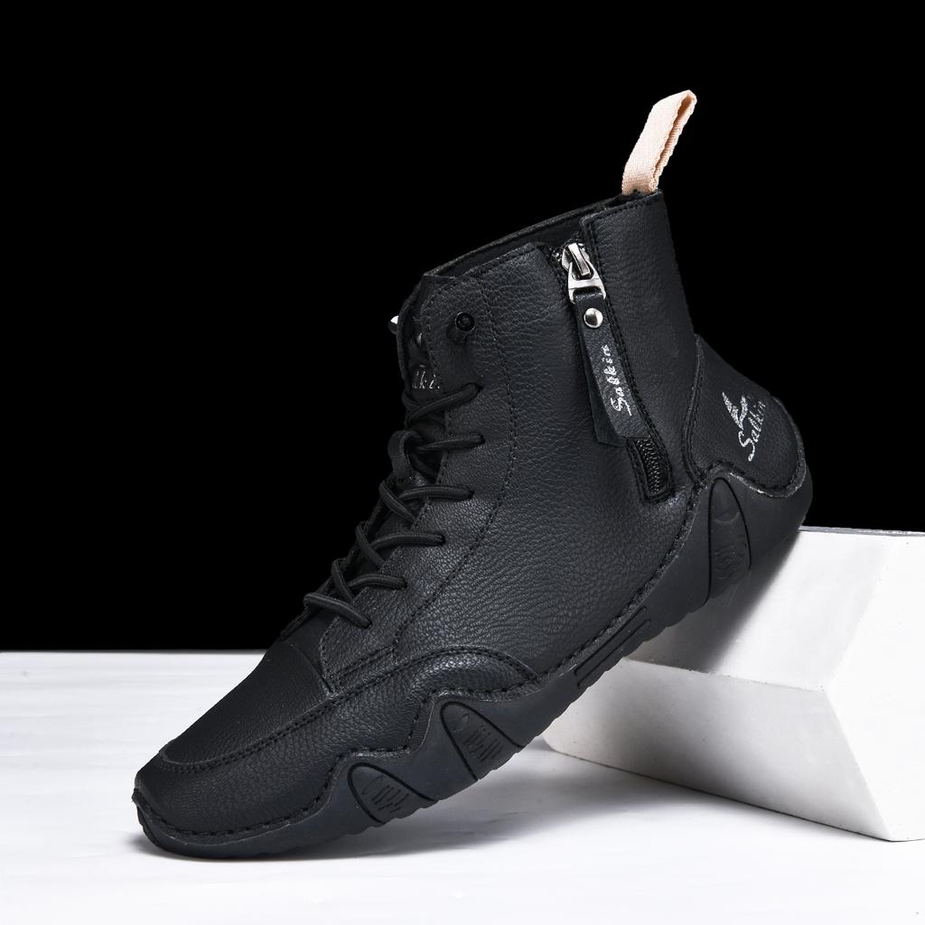 New 2025 Handmade Casual Shoes Men Sneakers Ankle Boots Leather Side Zipper Comfortable Breathable Anti-Slip Outdoor Walking