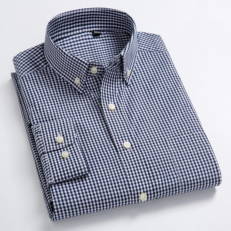Męskie standardowe koszule z długim rękawem i mikro-kratką Naszywana kieszeń Cienka miękka 100% bawełna Białe/czerwone linie Plaid Casual Uniwersalna koszula