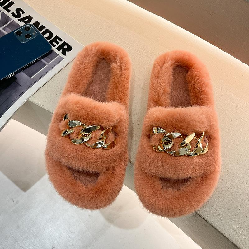 Height heel thick bottom fluffy slippers women wear autumn and winter cotton drag chain Internet celebrity popular plush slippers spring and summer
