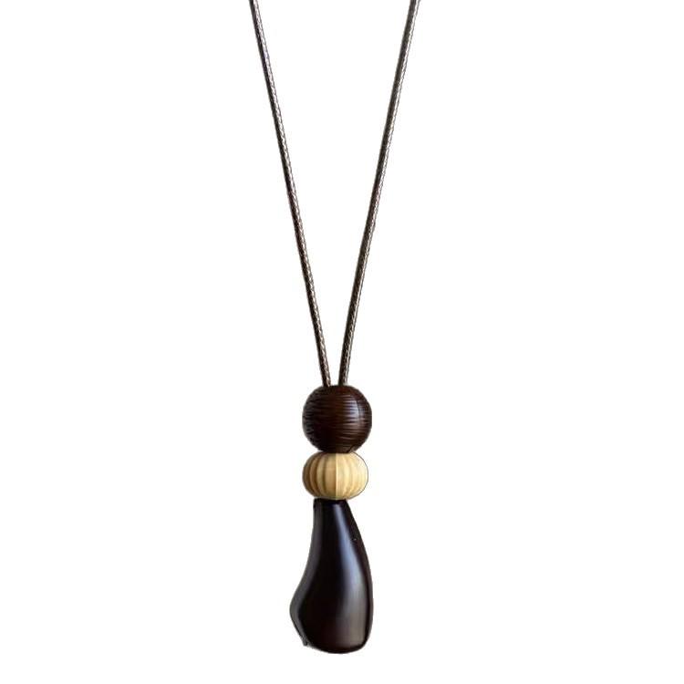 New Chinese Retro Brown Pendant Long Necklace Women's New Ethnic Style Design Sense Fashion National Style Accessories