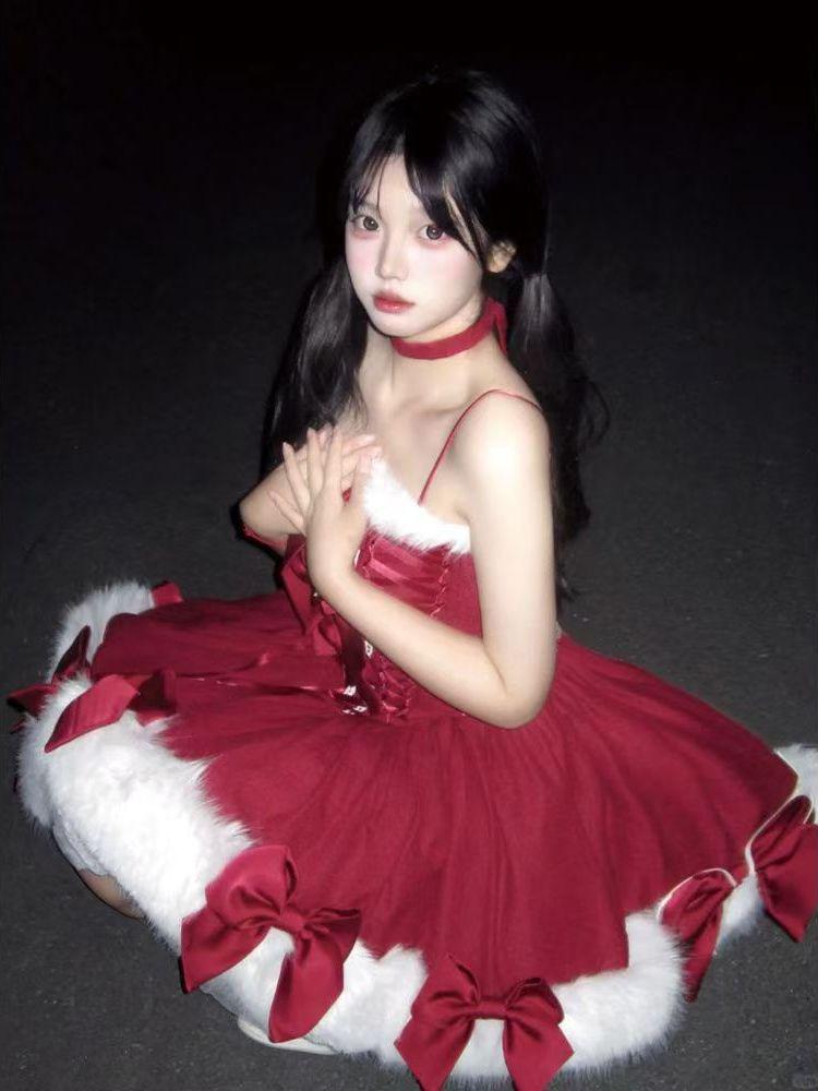 Conjunto de Capa Vermelha e Vestido Princesa Lolita para Véspera de Natal