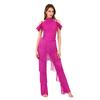 Damen Latein-Tanzparty Jumpsuit S-XXL: Halter Off-Shoulder rückenfreie Strampler mit Strasssteinen, mehrstufigen Quasten für Samba, Rumba, Gesellschaftstanz