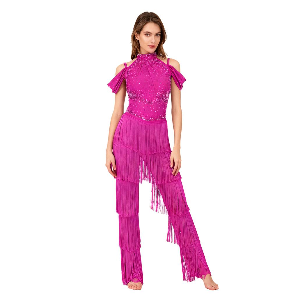 Damen Latein-Tanzparty Jumpsuit S-XXL: Halter Off-Shoulder rückenfreie Strampler mit Strasssteinen, mehrstufigen Quasten für Samba, Rumba, Gesellschaftstanz