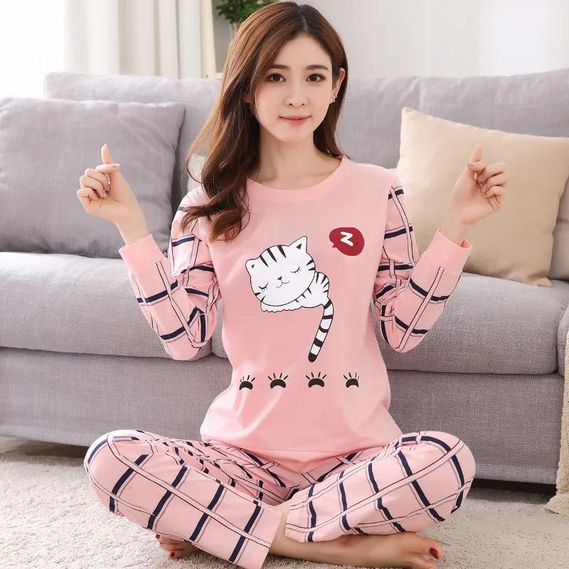 Herbst Dünnes 2-teiliges Pyjama-Set Damen Baumwolle Rundhals Mädchen Bären-Pyjama-Sets Teetassen-Katze Vollständige Nachtwäsche Oberteile Schlafanzug Mujer