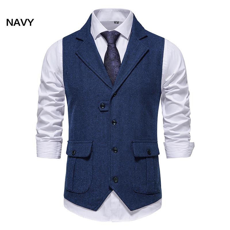 Mens Wool Mix Herringbone Tweed Check Vintage Collar Waistcoat Tailored Fit Vest