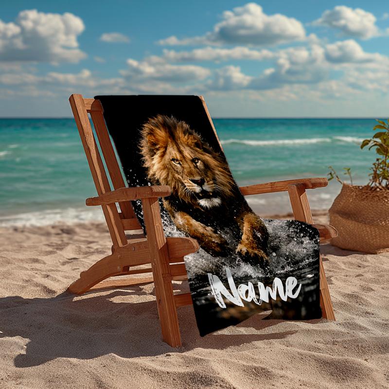 Custom Name Ultra-Soft Beach Towel with Lion Theme,Ideal for Pool - Camping, Diving - Perfect Travel Essential, Vibrant Beach Towel.