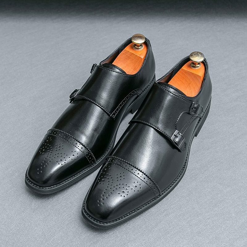 Formal Shoes Men Solid Color Block Hollow Carved Fashion Trendy Double Buckle Pointed Leather Shoes
