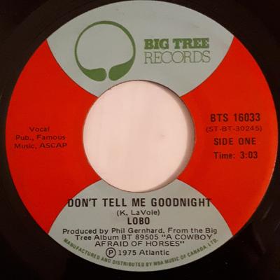 7inch Record LOBO - Don't Tell Me Goodnight / My Momma  BTS16033 Big Tree Record 1975 Canada Rock Used