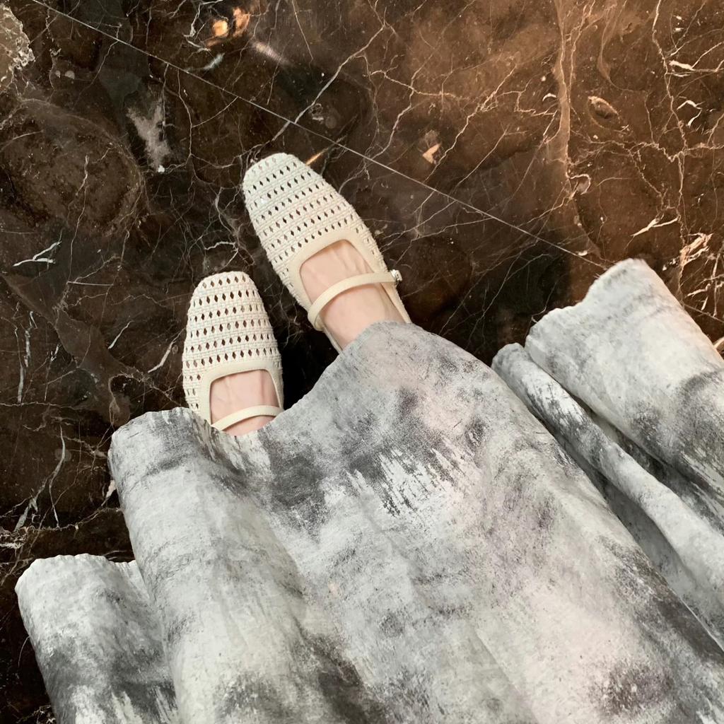 Sheepskin grape mother baotou slippers women's retro woven hollow square head one-word thick heel Muller half-drag empty single shoes