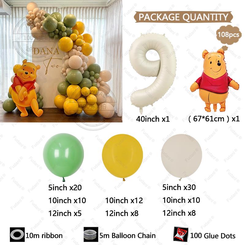108pcs Winnie The Pooh Theme Birthday Party Balloon Set Pooh Aluminum Foil Balloon for Kids Baby Shower Decoration Supplies Gift