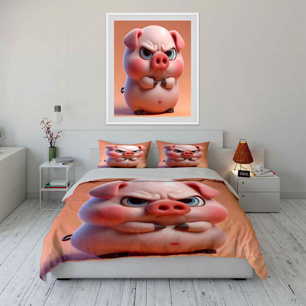Grumpy Cartoon Pig Design Bedding Duvet Cover Set (1*Duvet Cover 2*Pillowcases, Without Duvet Insert)