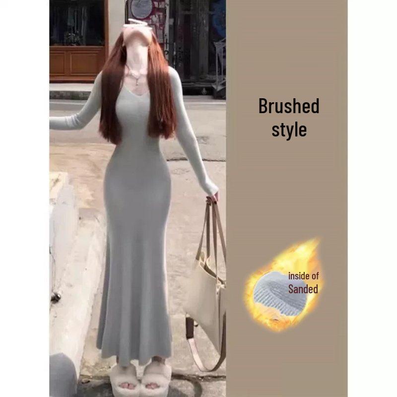 Women s V-neck Knit Fishtail Dress with Plus Velvet Skirt - 2026 Autumn/Winter Collection Large