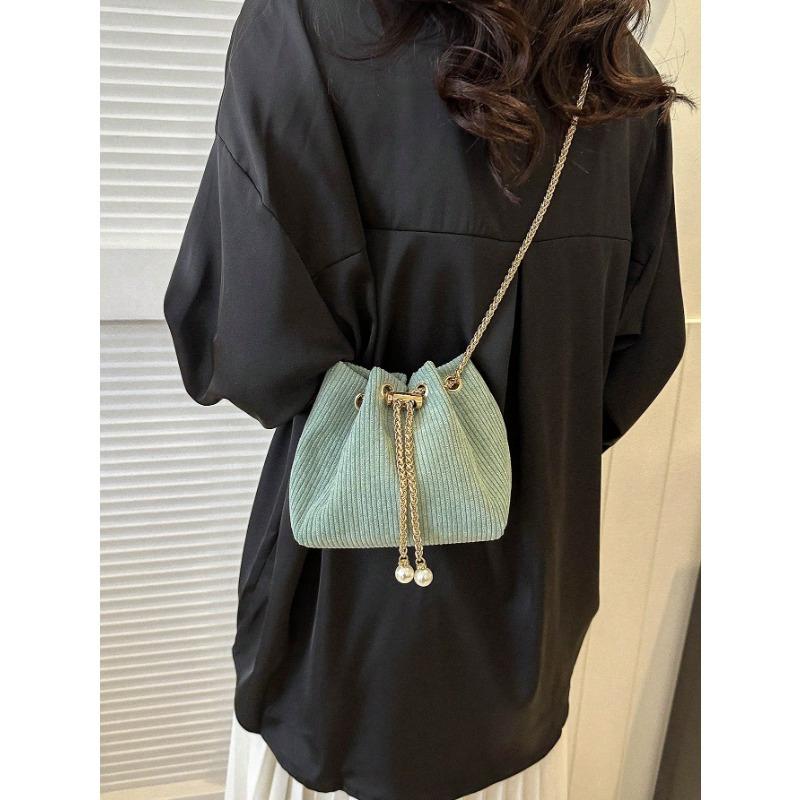Fashion Solid Color Hollow Out Woven Chain Drawstring Mini Crossbody Bucket Bag