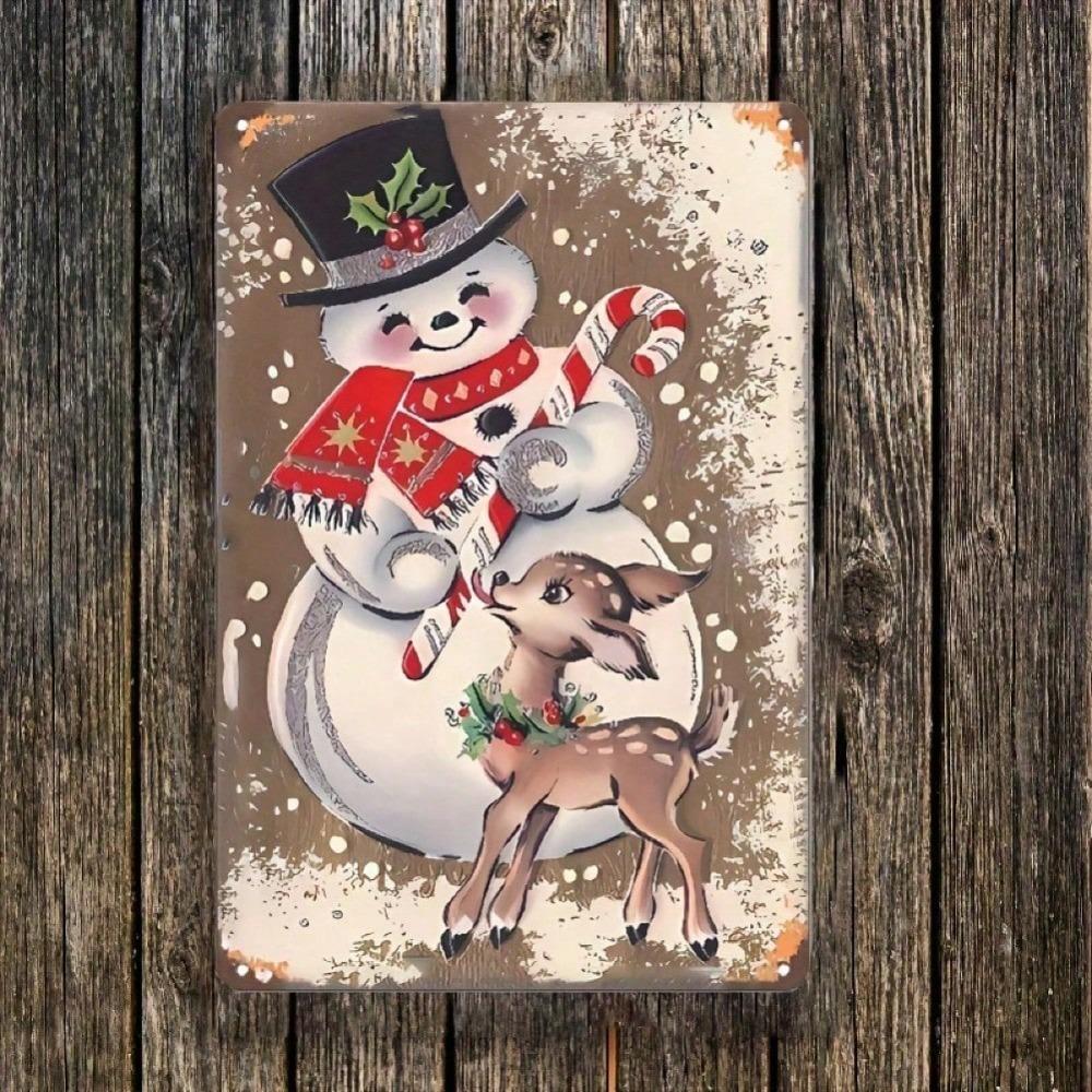 Vintage Snowman Reindeer Iron Metal Sign 12x8 Inch for Home Bar Cafe Christmas Wall Decor