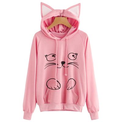 Cat Print Long Sleeve Pullover for Women Hoodie Women Cat Ear Hooded Crops Sweatshirt Tops Woman Long Sleeve Blouses Autumn Winter Knitted Pullover Outwear