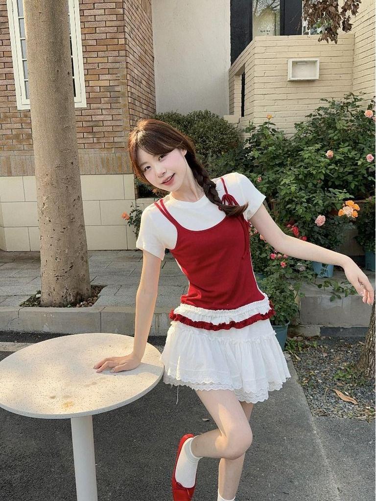 2025 Summer Lace Trim Color Block Sling T-shirt: Sweet & Spicy Girl Design