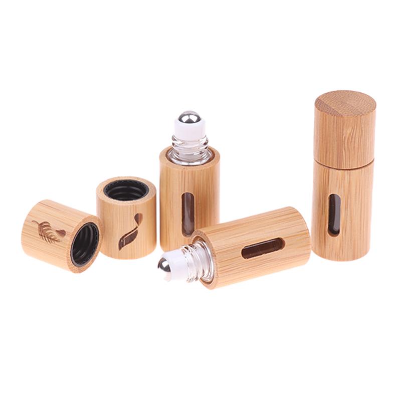 1Pc 3 mL Bamboo Wood Perfume Bottle – Refillable Stainless Steel Roll-On Applicator for Essential Oils and Aromatherapy