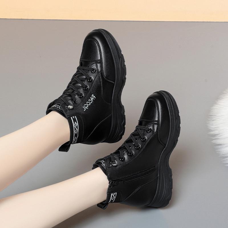 Spring Winter Women's High Top Boots Black Lace Up Platform Ankle Boots Fashion Thick Sole Short Warm Cotton Shoes