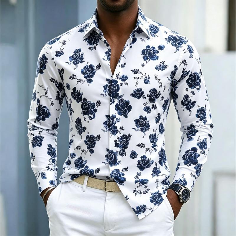 Camicia da uomo con stampa di rose blu europee e americane, camicia a maniche lunghe, sfondo bianco, fiore di rosa, slim, casual, taglie XS-6XL