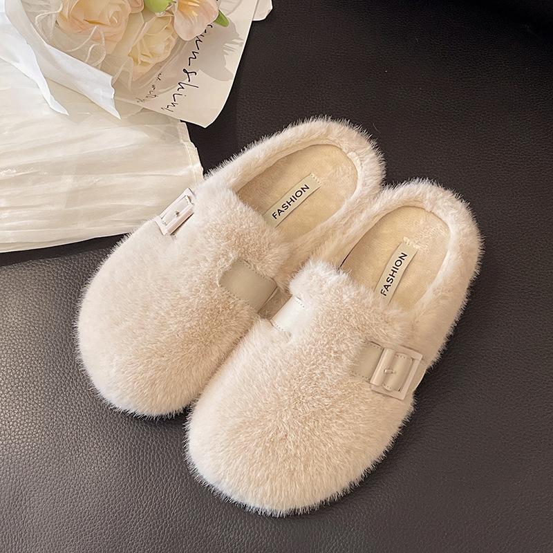 French Flat-bottomed Fluffy Slippers for Women's Outer Wear 2025 Autumn and Winter New Models Are Great-looking, One Pedal, Velvet Mary Jane Cotton M