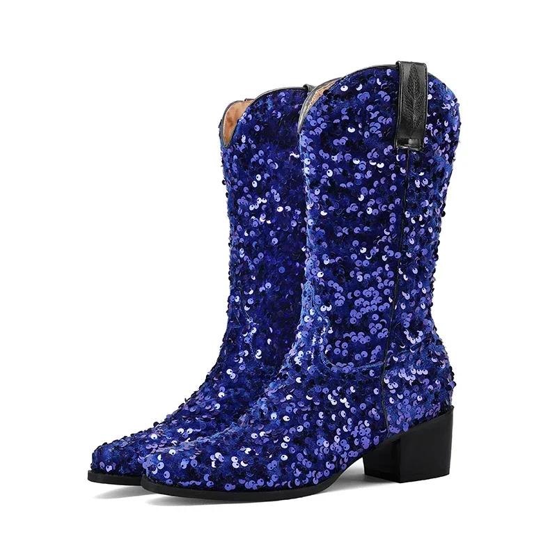 Bling Gold Sequined Cloth Western Cowboy Mid-calf Boots for Women High Block Heel Pointed Toe Cowgirl Slip-on American Half Boot