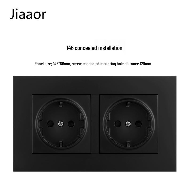 16A Black European Double Gang German-Style Switch & USB/Type-C Socket for Concealed Installation