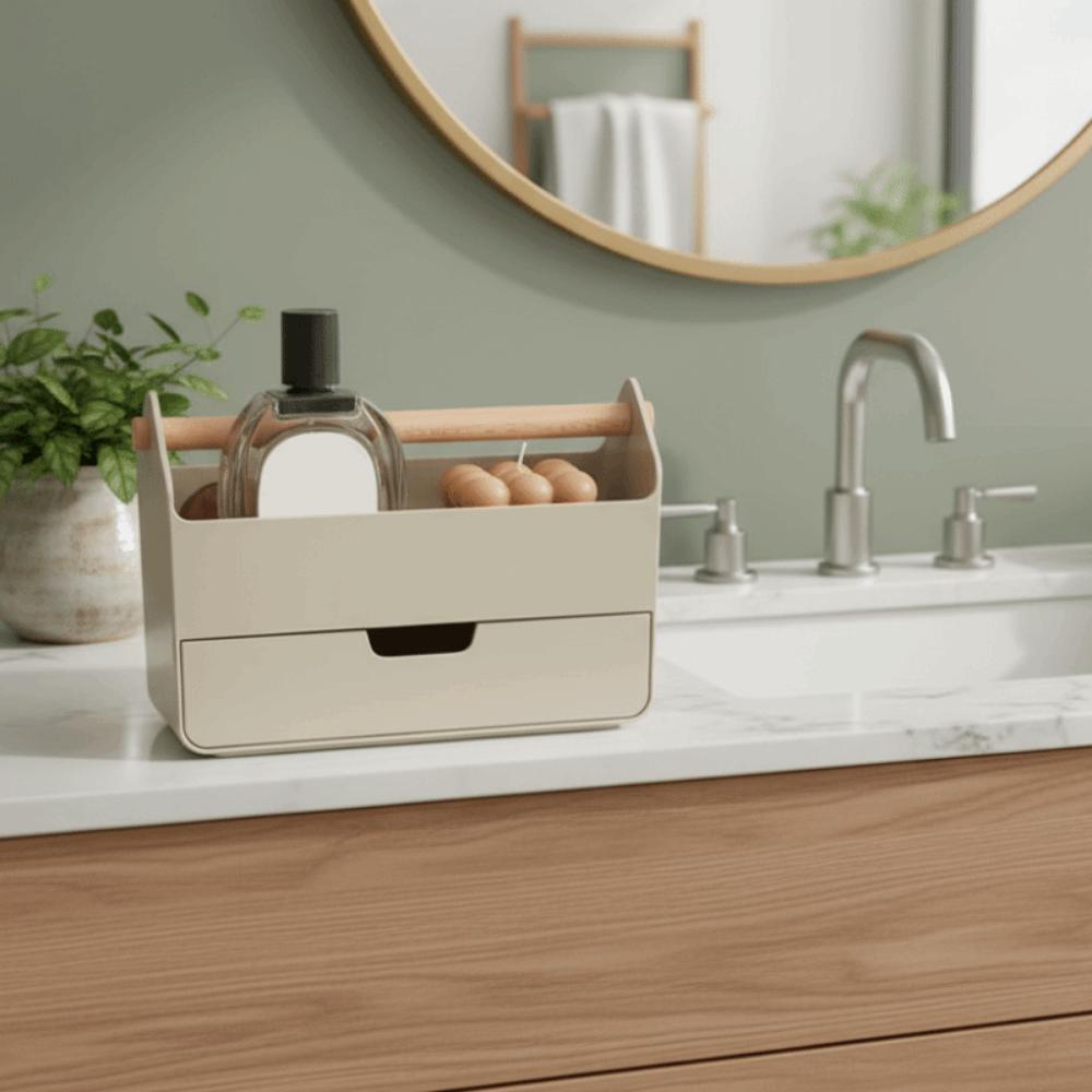 Large Capacity Desktop Storage Box with Drawer Wooden Handle Cosmetic Basket Plastic Space Saving Stationery Organizer Bedroom