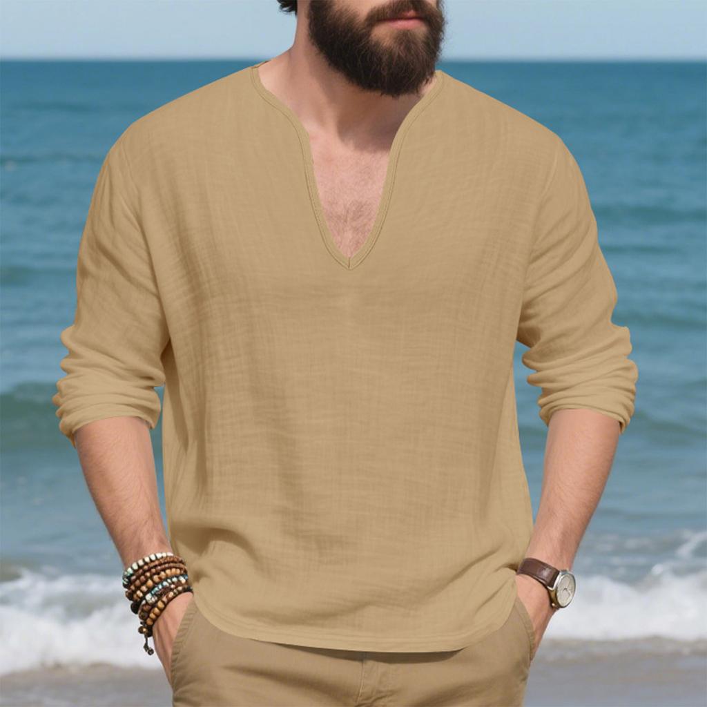 Mens Linen Shirts Loose Fit Long Sleeve T Shirt Solid V Neck Hippie Yoga Pullover