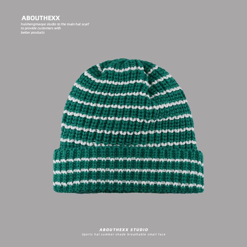 Japanese style Striped Letter Loose Large Headed Woolen Cap Warm and Versatile for Children In Autumn and Winter  Knitted Cap Pile Cap for Men