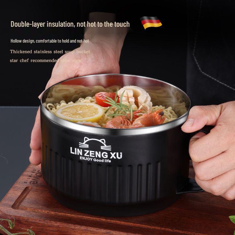 Japanese Style Large Capacity 304 Stainless Steel Noodle Bowl with Lid for Dormitory Students - Heat Preserving Meal Server