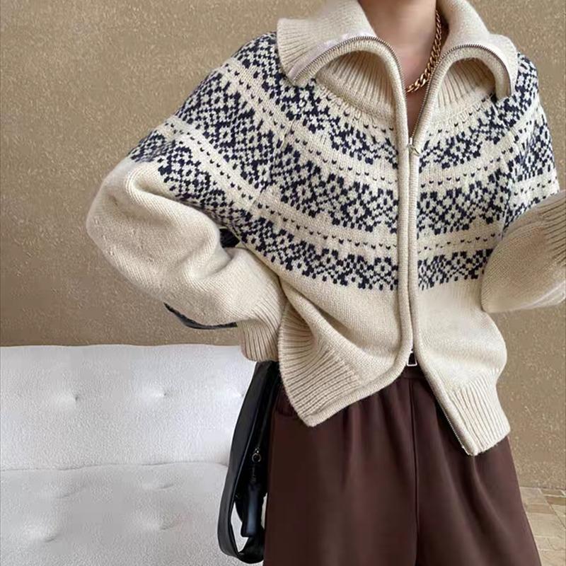 Korean Fashion Autumn Winter Zipper Cardigan Women Sweater Jacket Retro Printed Lapel Loose Knitted Coats Long Sleeve Office Fashion Elegant Clothing