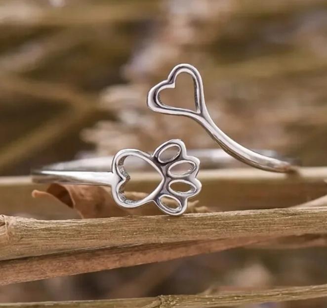 Silver Women's Adjustable Ring Universal Paw Heart Gift Dog
