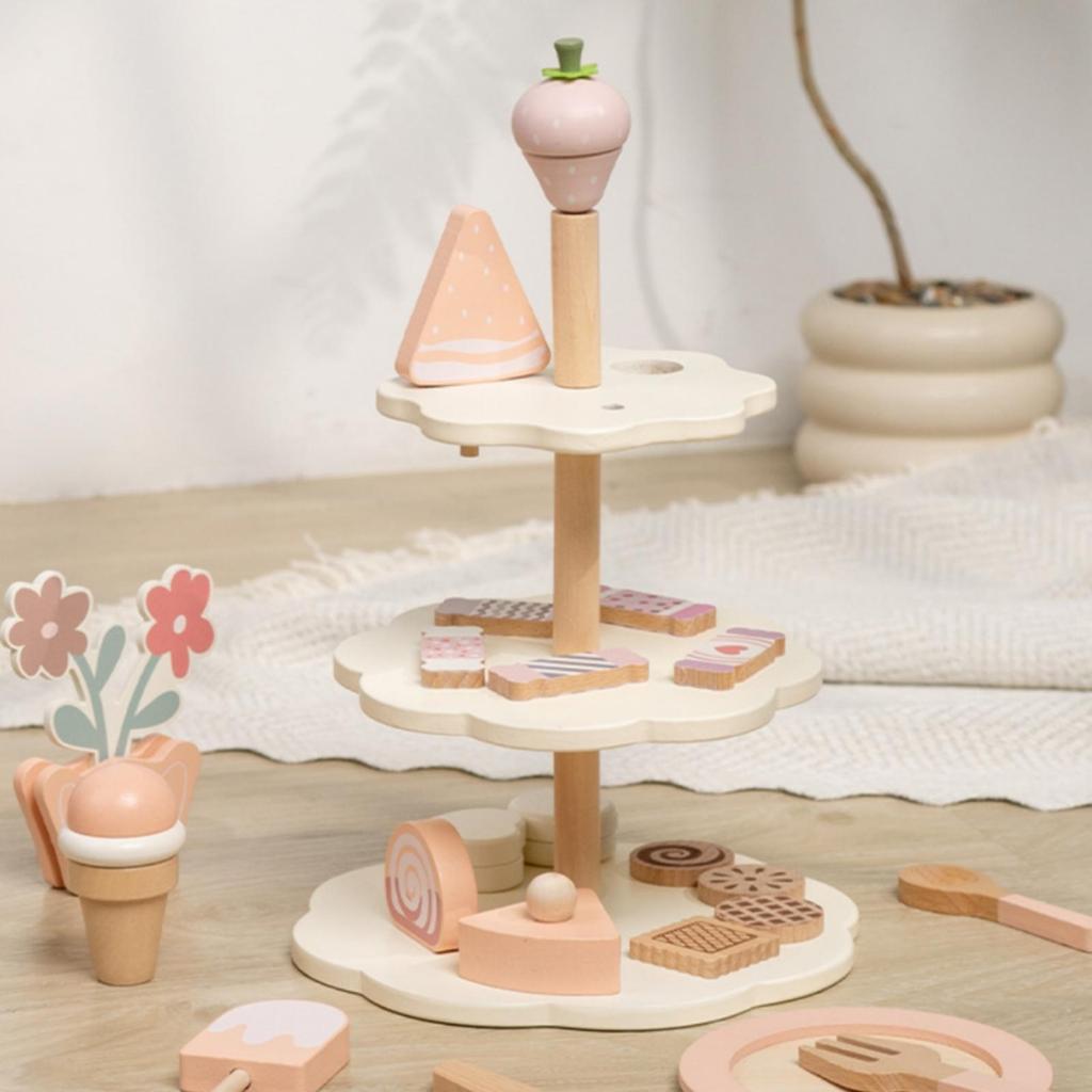 Wooden Dessert Playset Smooth Painted Finish Pretend Confectionery Stand Assorted Accessories