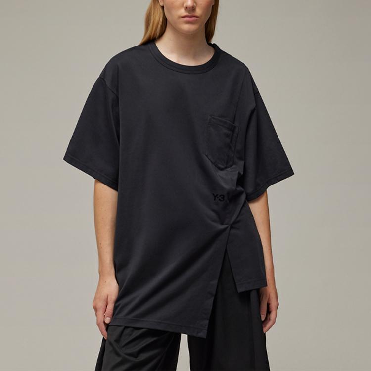 Y-3 Solid Color Irregular Hem Round Neck Short Sleeve T-Shirt Unisex Tops Black IN4377