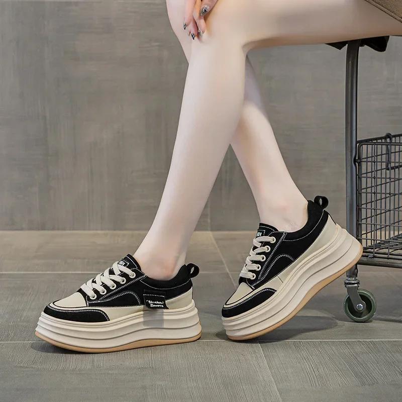 Fashion 7CM New Women Genuine Leather Platform Wedge Heels Ankle Booties Spring Autumn Chunky Sneaker Ankle Boots Women Vulcanized Shoes